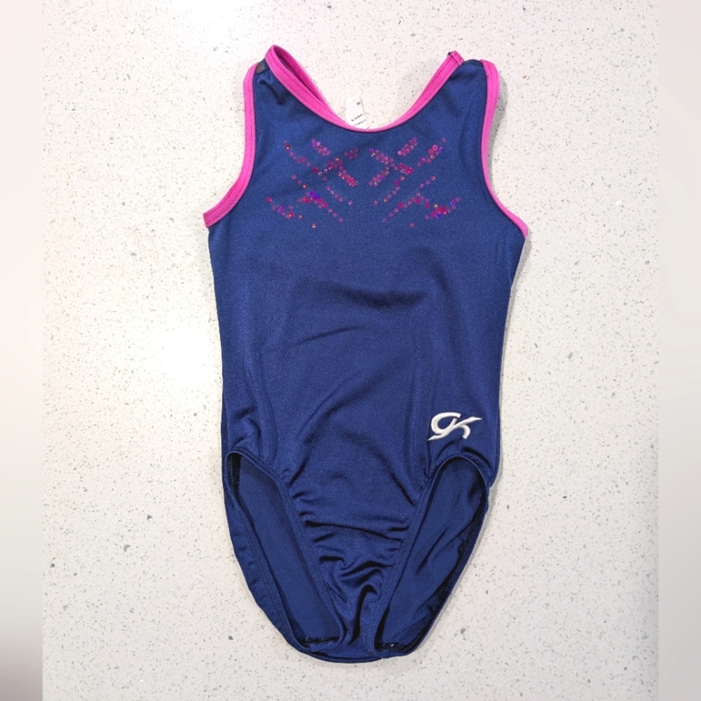 GREAT GK Elite Adult Small Gymnastics Dance Leotard SOFT Blue Pink SEQUINS